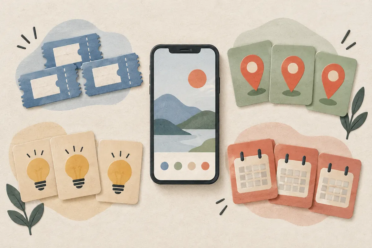 Ilustracja telefonu i zrzutów ekranu uporządkowanych według zastosowania.