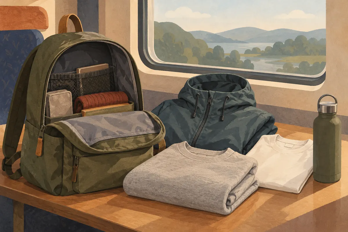 Ilustracja plecaka i ubrań przygotowanych na weekendowy wyjazd pociągiem